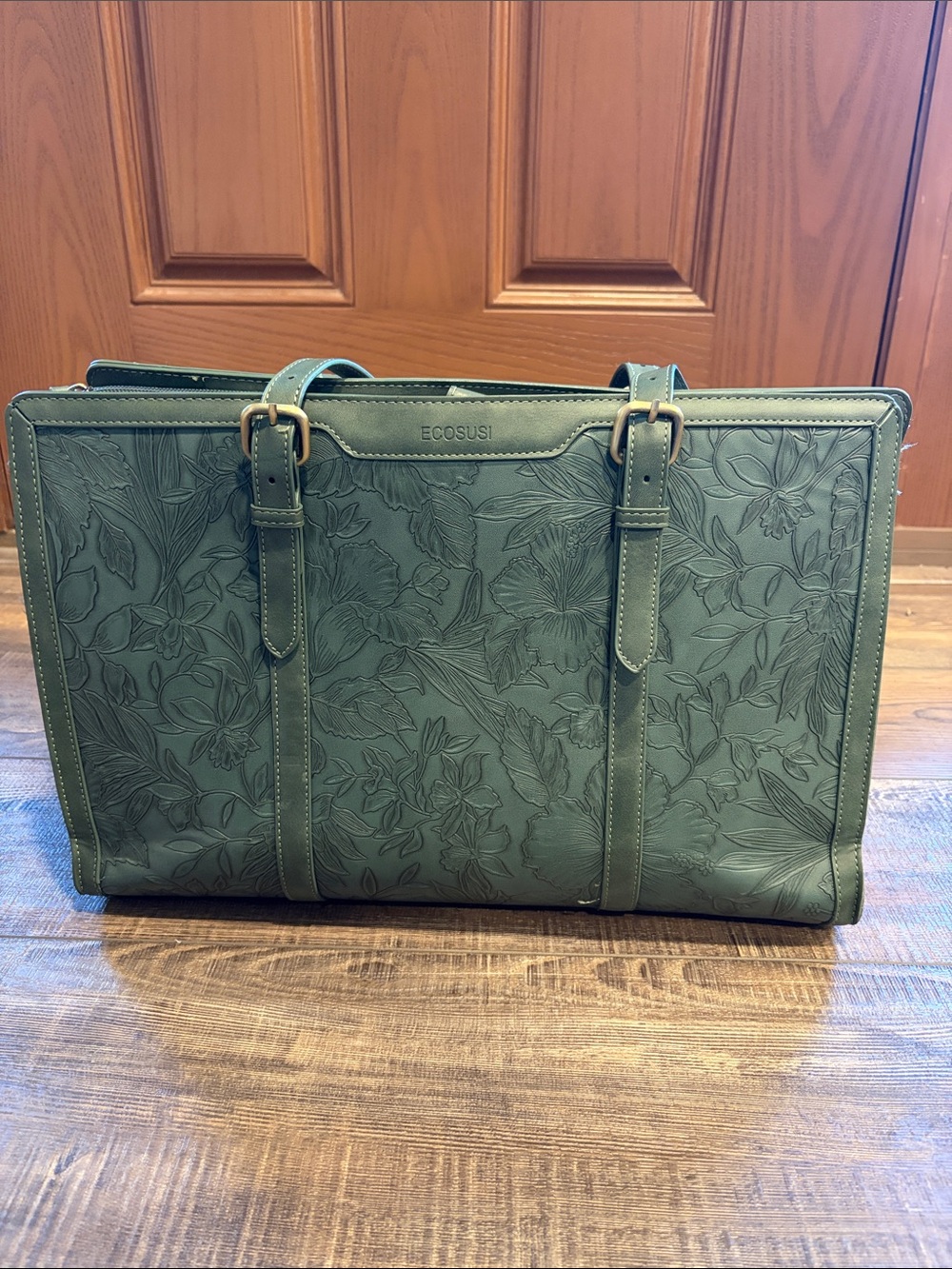 ECOSUSI Green Floral-Embossed Tote Bag